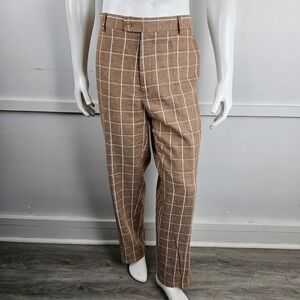 Silversilk Men's Brown White Plaid Linen Blend Dress Pants Size 40x30